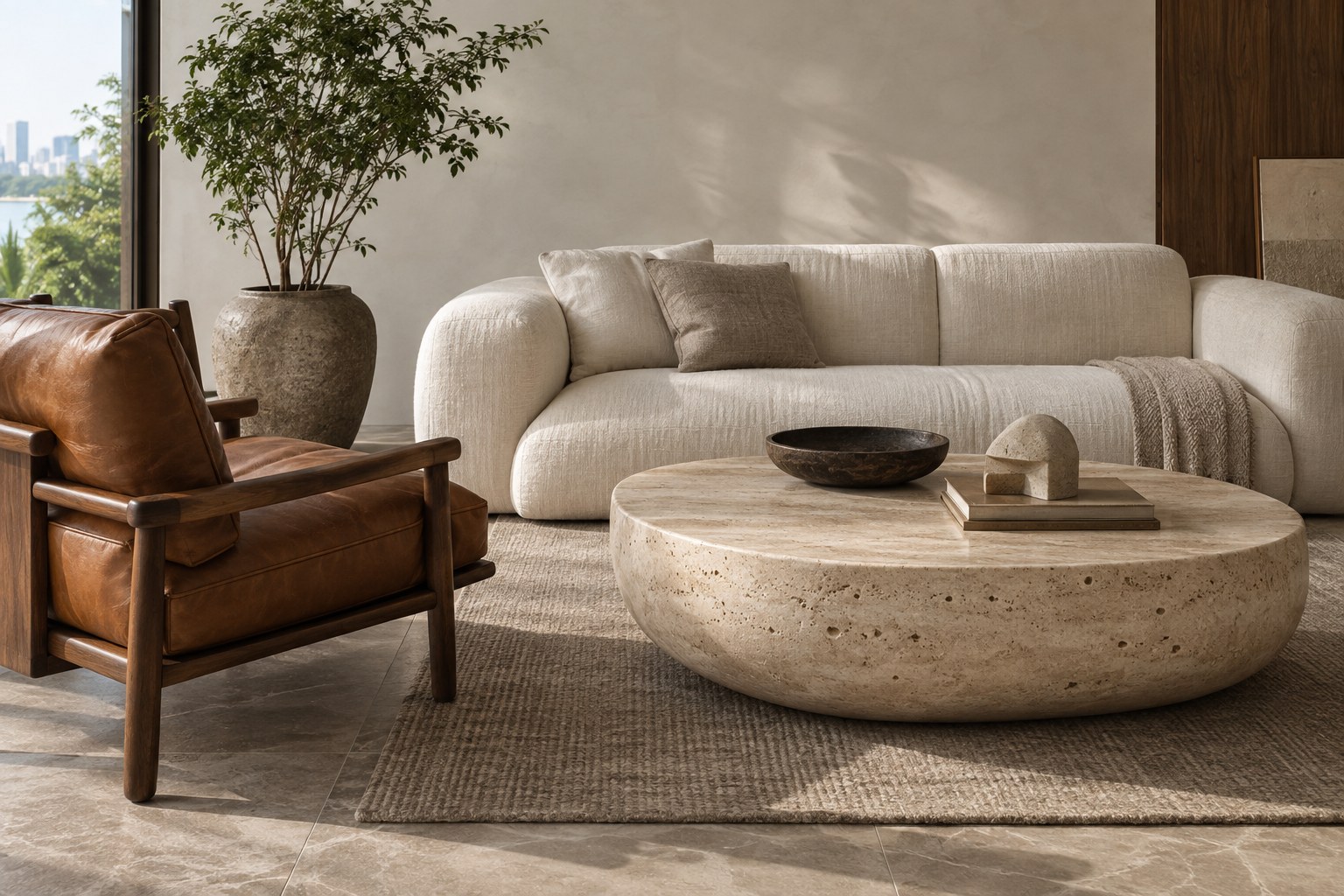 Original furniture concept with a linen sofa and sculptural lounge chair