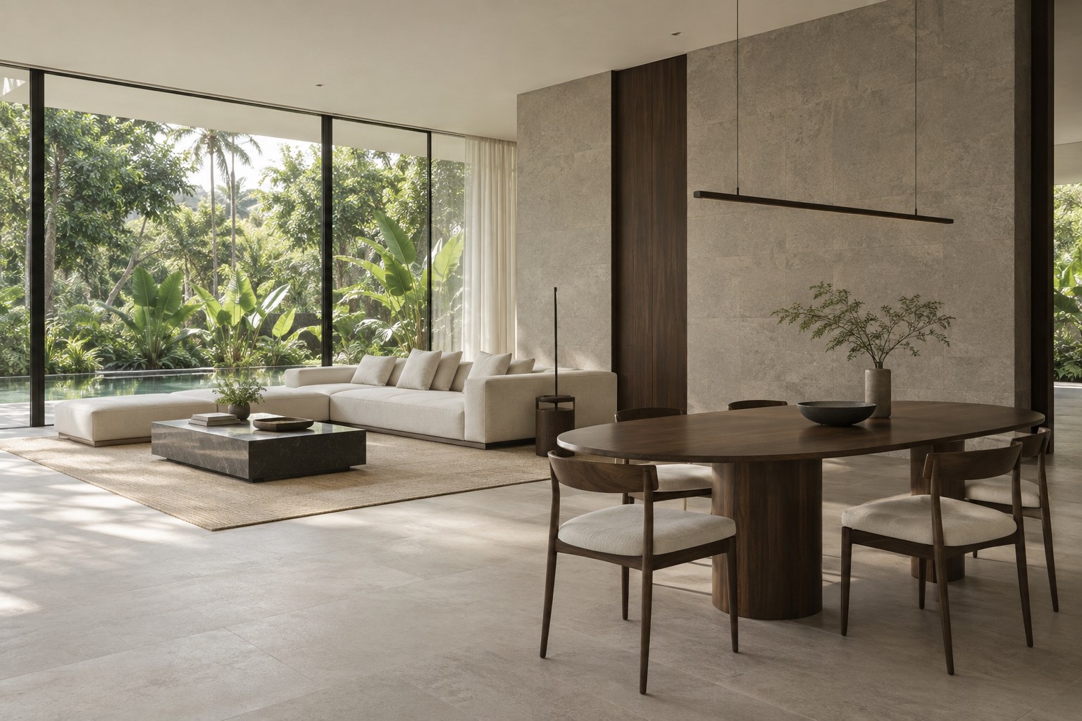 Light-filled interior with warm natural materials and sculptural furniture